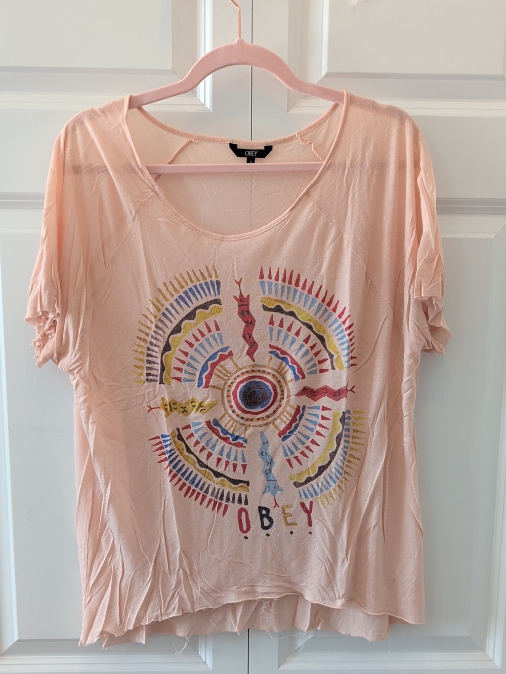 Obey Peach Short Sleeve Tee with Multicolor Aztec Graphic